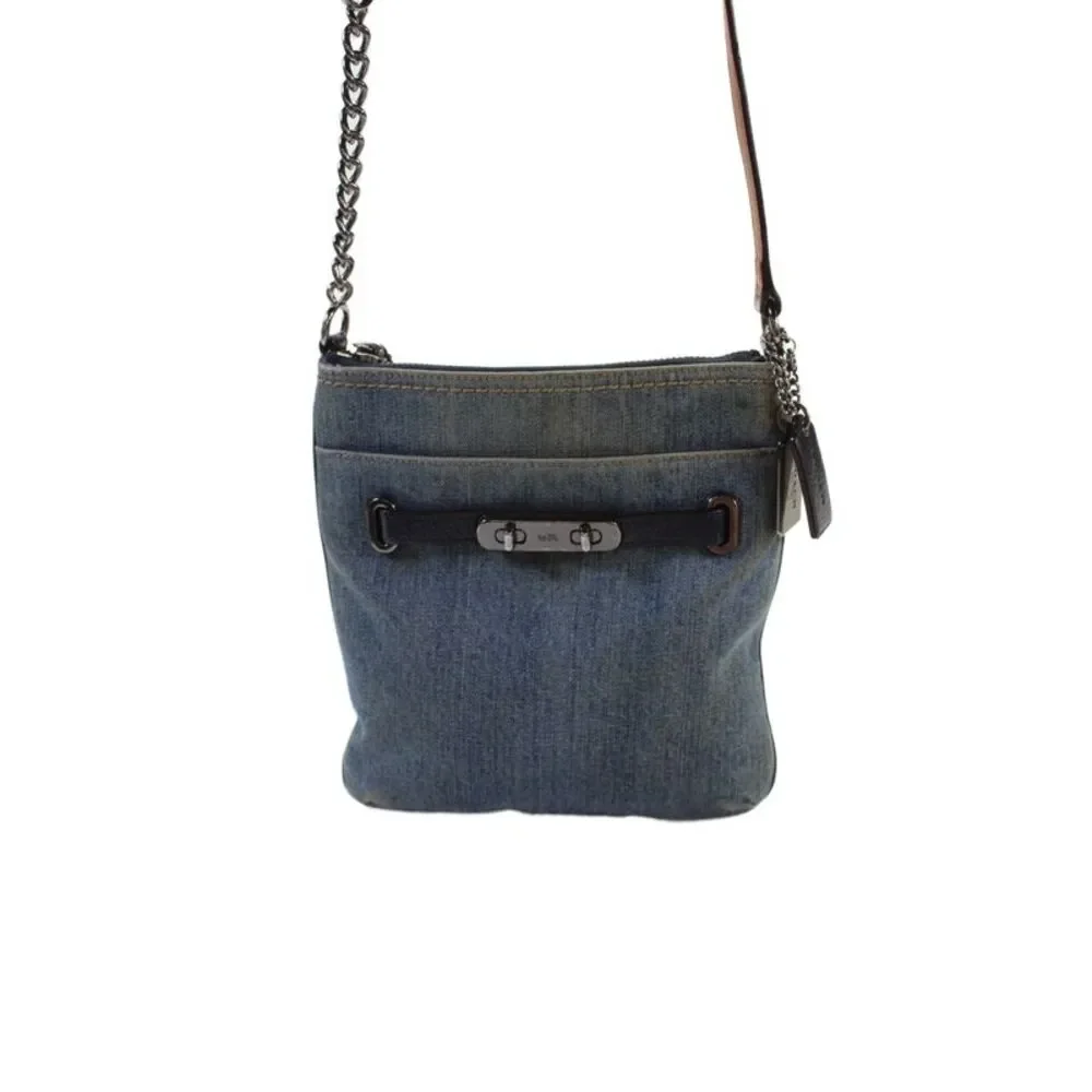 Coach Womens Denim Zip Up Shoulder Bag Blue
